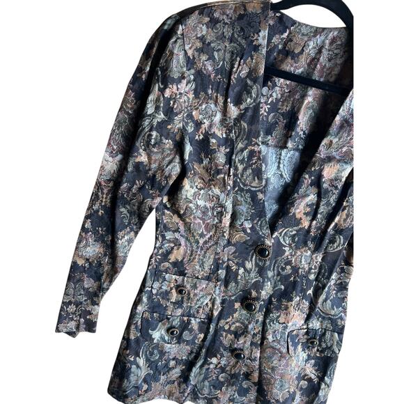 Vintage 80s Women's Gothic Colorful Jacquard Floral Black Blazer/ Dress Size M - Picture 2 of 8
